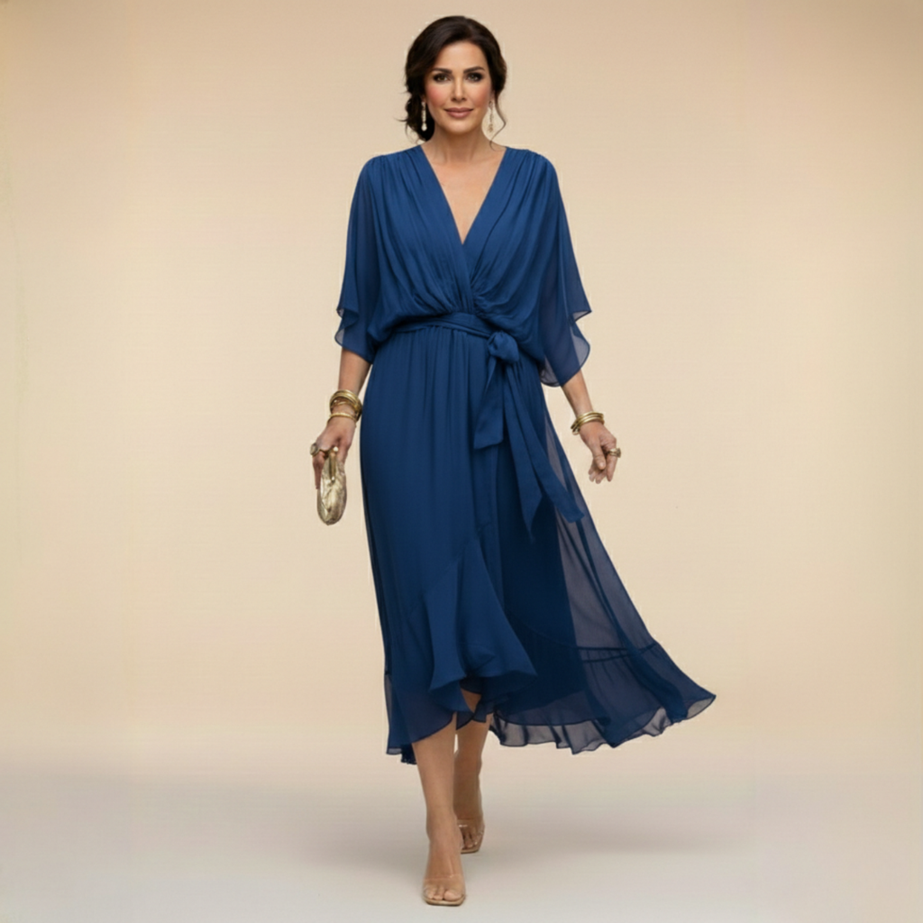 Wrap Dress Women's Midi with Flared Hem and V-Neck - 6 - Stylewhipped