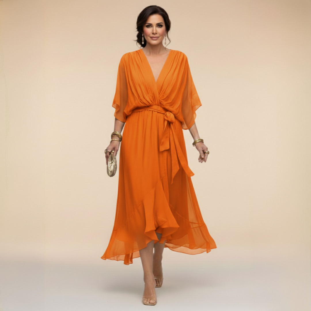 Wrap Dress Women's Midi with Flared Hem and V-Neck - 8 - Stylewhipped