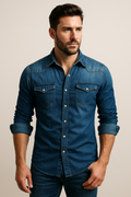 Men's Denim Shirt with Classic Collar and Chest Pockets - 1 - Stylewhipped