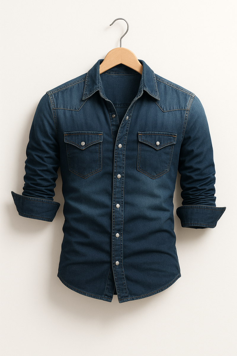Men's Denim Shirt with Classic Collar and Chest Pockets - 2 - Stylewhipped
