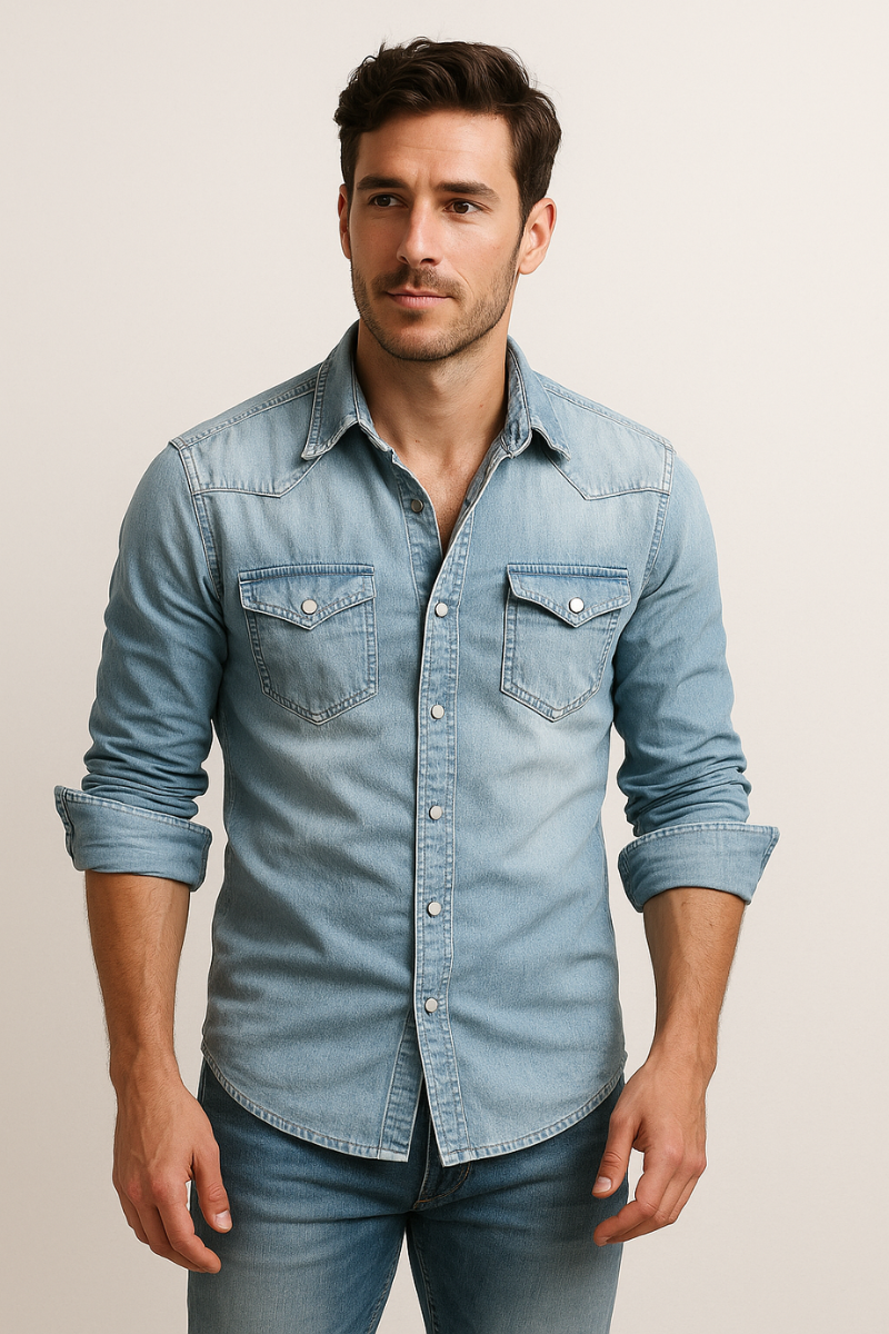 Men's Denim Shirt with Classic Collar and Chest Pockets - 3 - Stylewhipped