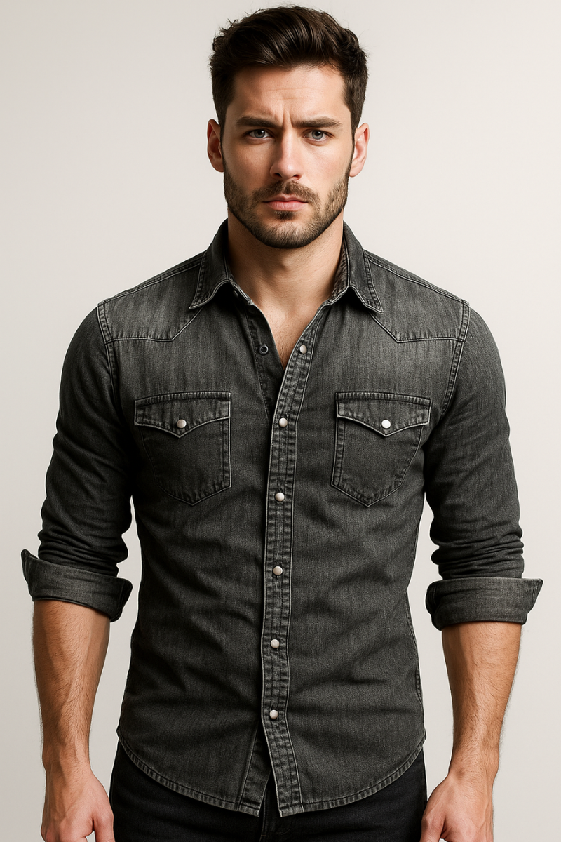 Men's Denim Shirt with Classic Collar and Chest Pockets - 5 - Stylewhipped