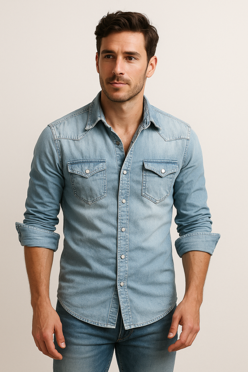 Men's Denim Shirt with Classic Collar and Chest Pockets - 6 - Stylewhipped