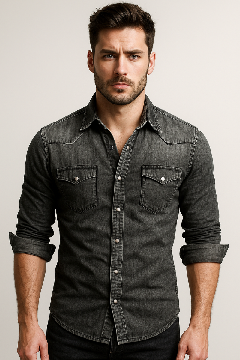 Men's Denim Shirt with Classic Collar and Chest Pockets - 9 - Stylewhipped