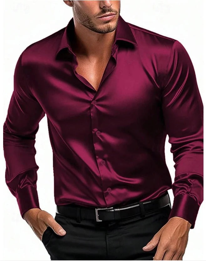 Shirt Men's Long Sleeve in Burgundy with Classic Collar - 1 - Stylewhipped