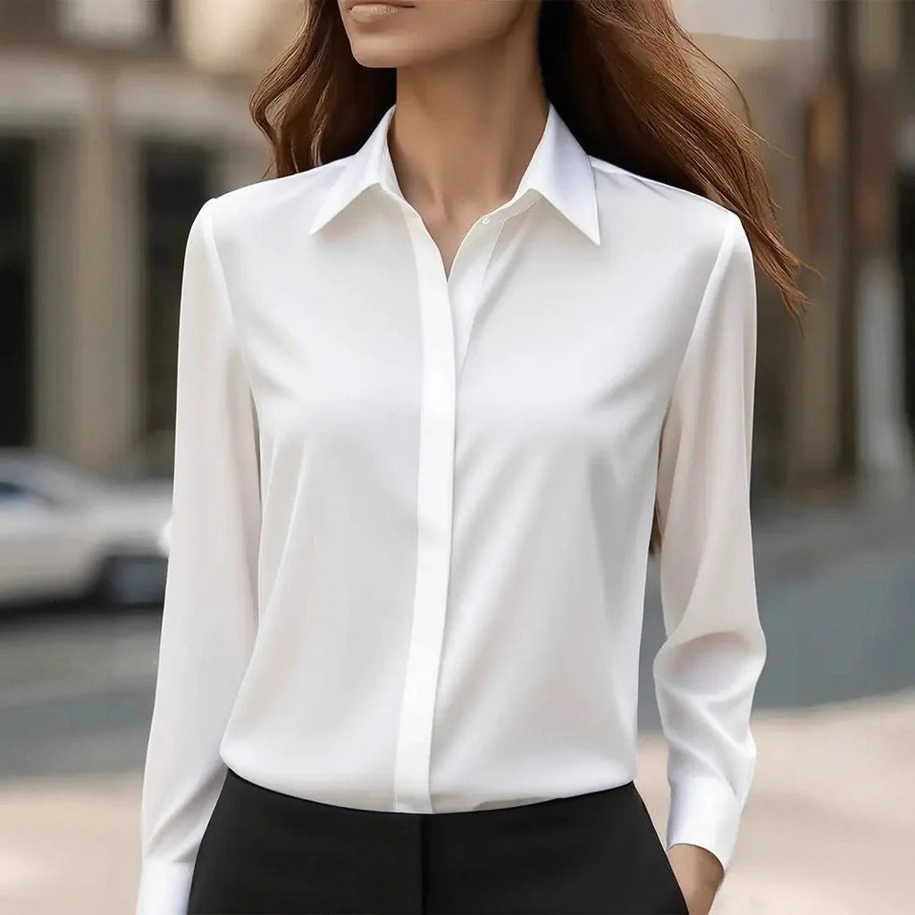 Women's Blouse with Traditional Collar and Long Sleeves, Available in Red, Grey, and White - 3 - Stylewhipped