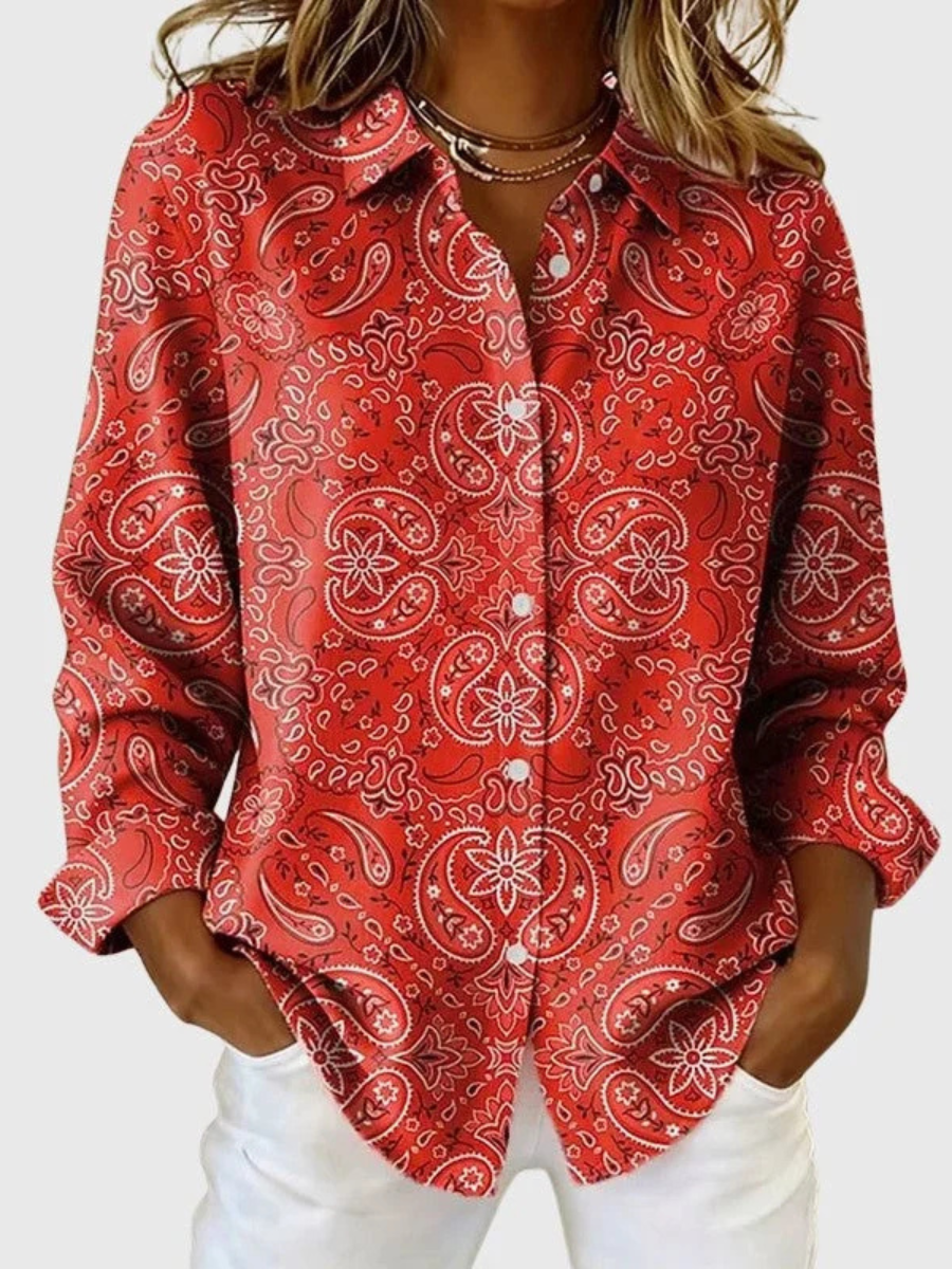 Women's Paisley Print Blouse with Classic Collar and Long Sleeves - 3 - Stylewhipped
