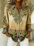 Women's Button-Up Shirt with Floral and Cactus Print - 1 - Stylewhipped
