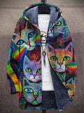 Hooded Jacket Women with Artistic Cat Print and Relaxed Fit - 1 - Stylewhipped