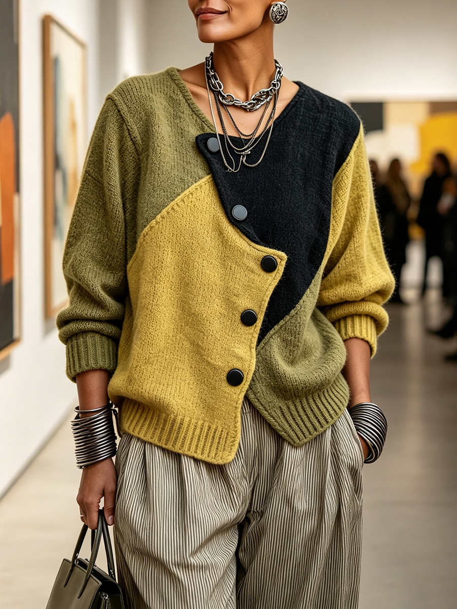 Asymmetrical Women's Pullover with Button Detail - 2 - Stylewhipped