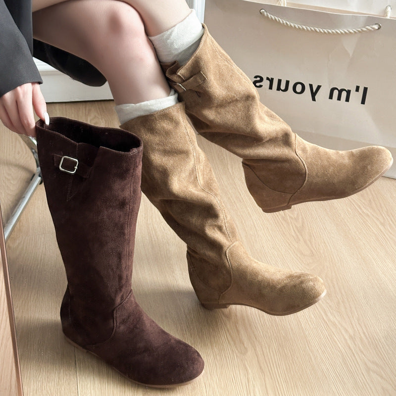 Women's Stylish Suede High-Top Boots with Buckle Detail - 3 - Stylewhipped