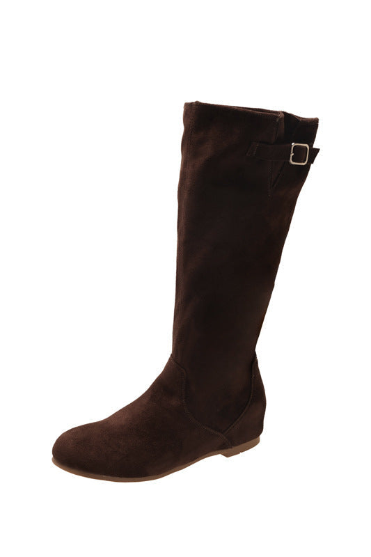 Women's Stylish Suede High-Top Boots with Buckle Detail - 4 - Stylewhipped