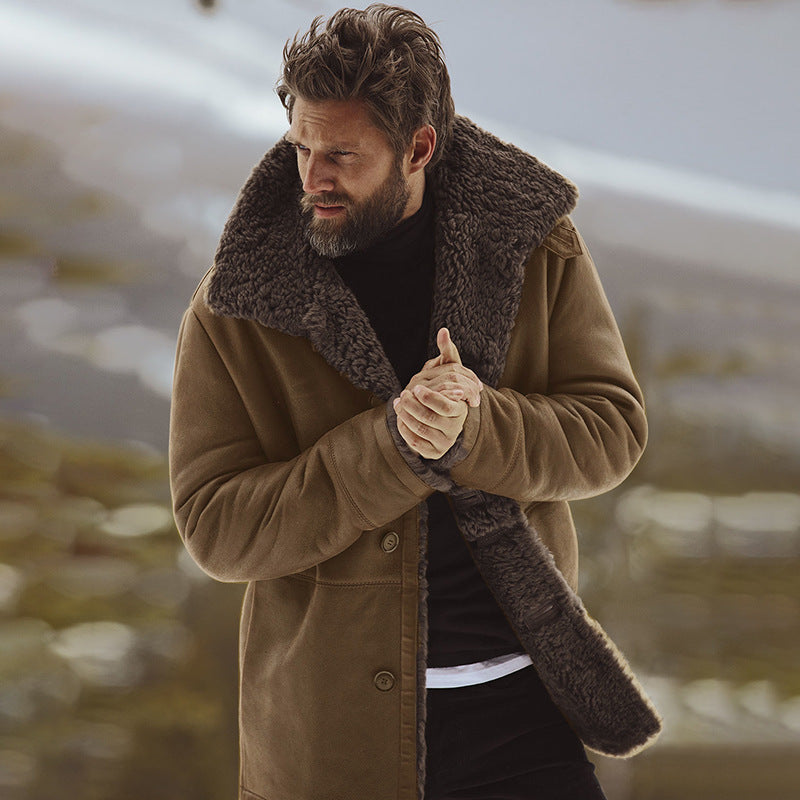 Men's Plush-Collared Relaxed Fit Mid-Length Coat - 1 - Stylewhipped