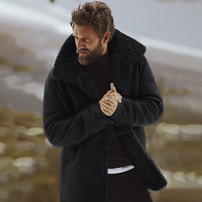 Men's Plush-Collared Relaxed Fit Mid-Length Coat - 3 - Stylewhipped