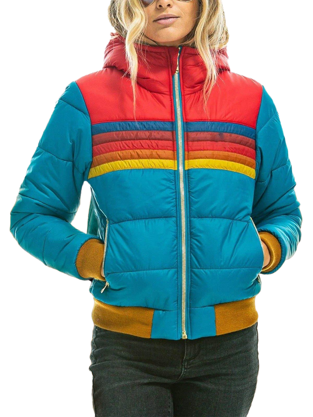 Puffer Jacket Women's Colorful Striped Design with Hood - Image 2