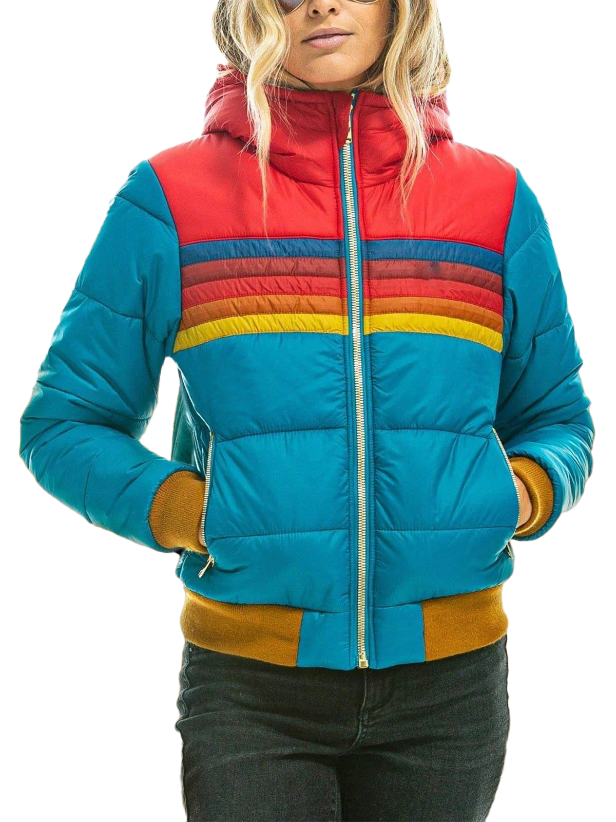 Puffer Jacket Women's Colorful Striped Design with Hood - Image 2