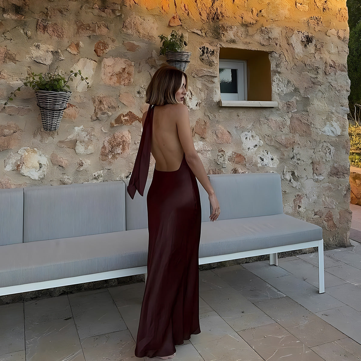Maxi Dress Women Open Back Satin Look Tie Waist | E&W - 2 - Elenwear