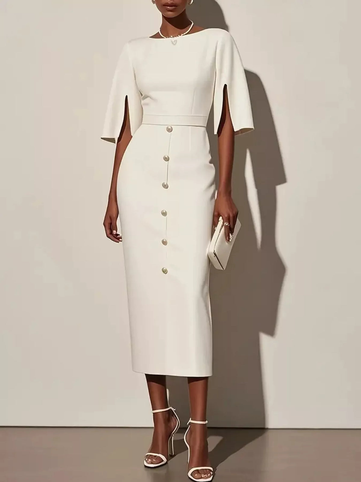 Midi Dress Women's Elegant Button Detail with Statement Sleeves | E&W - 4 - Elenwear