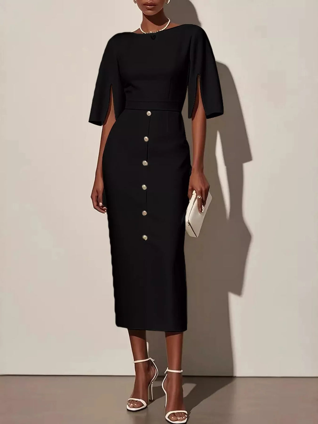 Midi Dress Women's Elegant Button Detail with Statement Sleeves | E&W - 7 - Elenwear