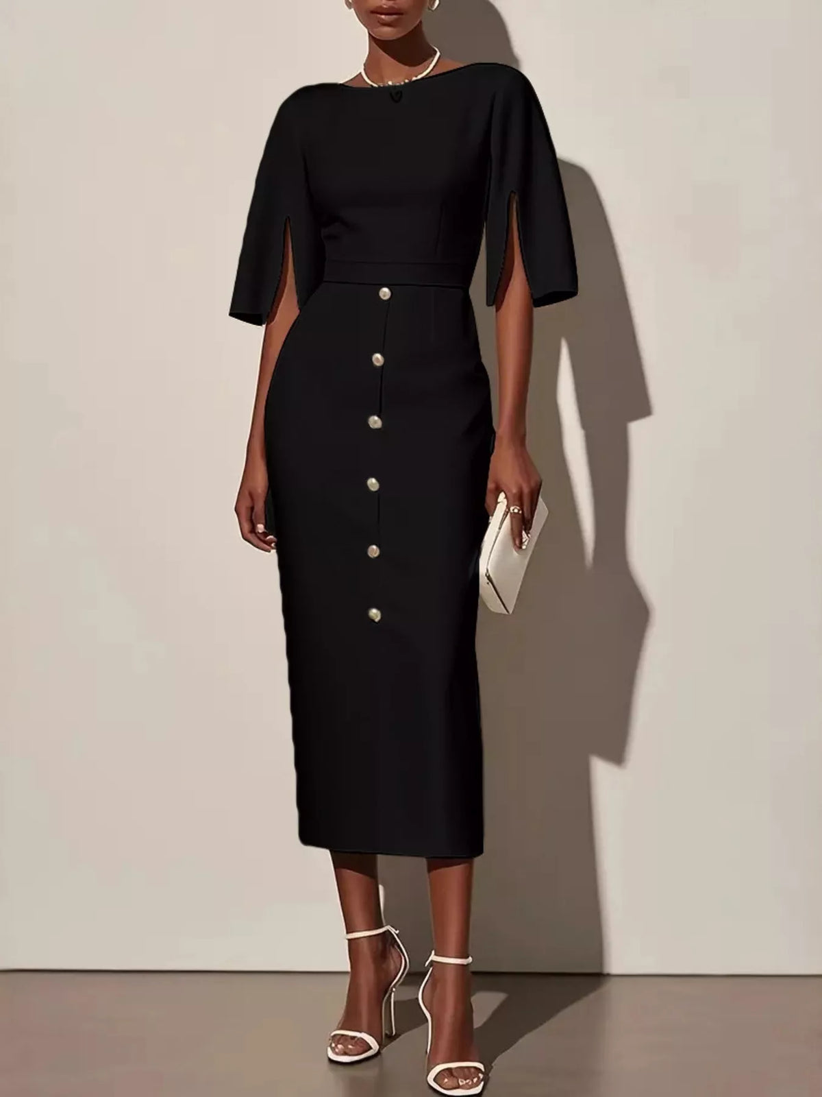 Midi Dress Women's Elegant Button Detail with Statement Sleeves | E&W - 1 - Elenwear