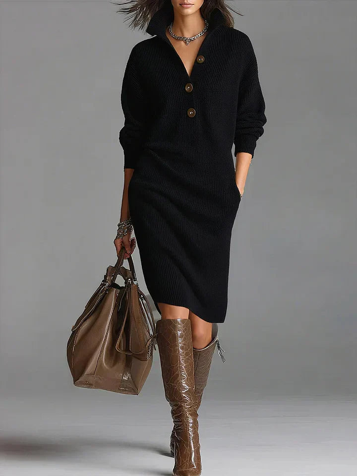 Women’s Stylish Ribbed Knit Dress with Button Accents and Functional Pockets | D&S