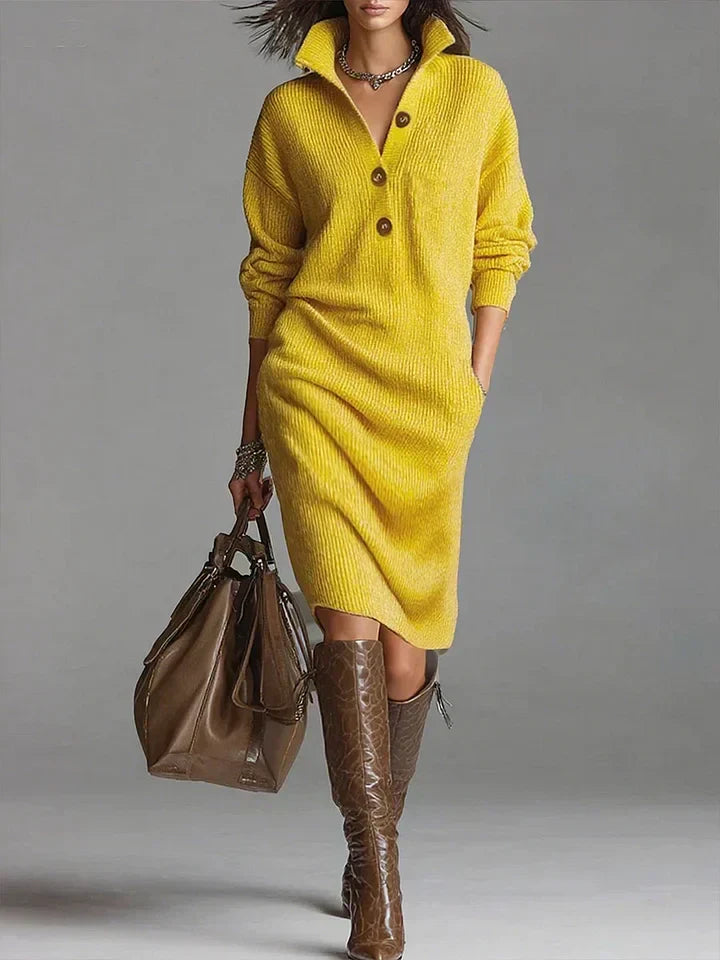 Women’s Stylish Ribbed Knit Dress with Button Accents and Functional Pockets | D&S