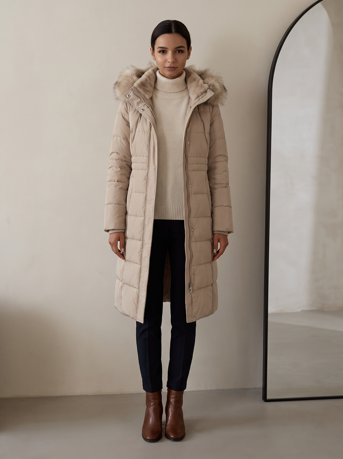 Women's winter fashion: quilted parka with faux fur hood