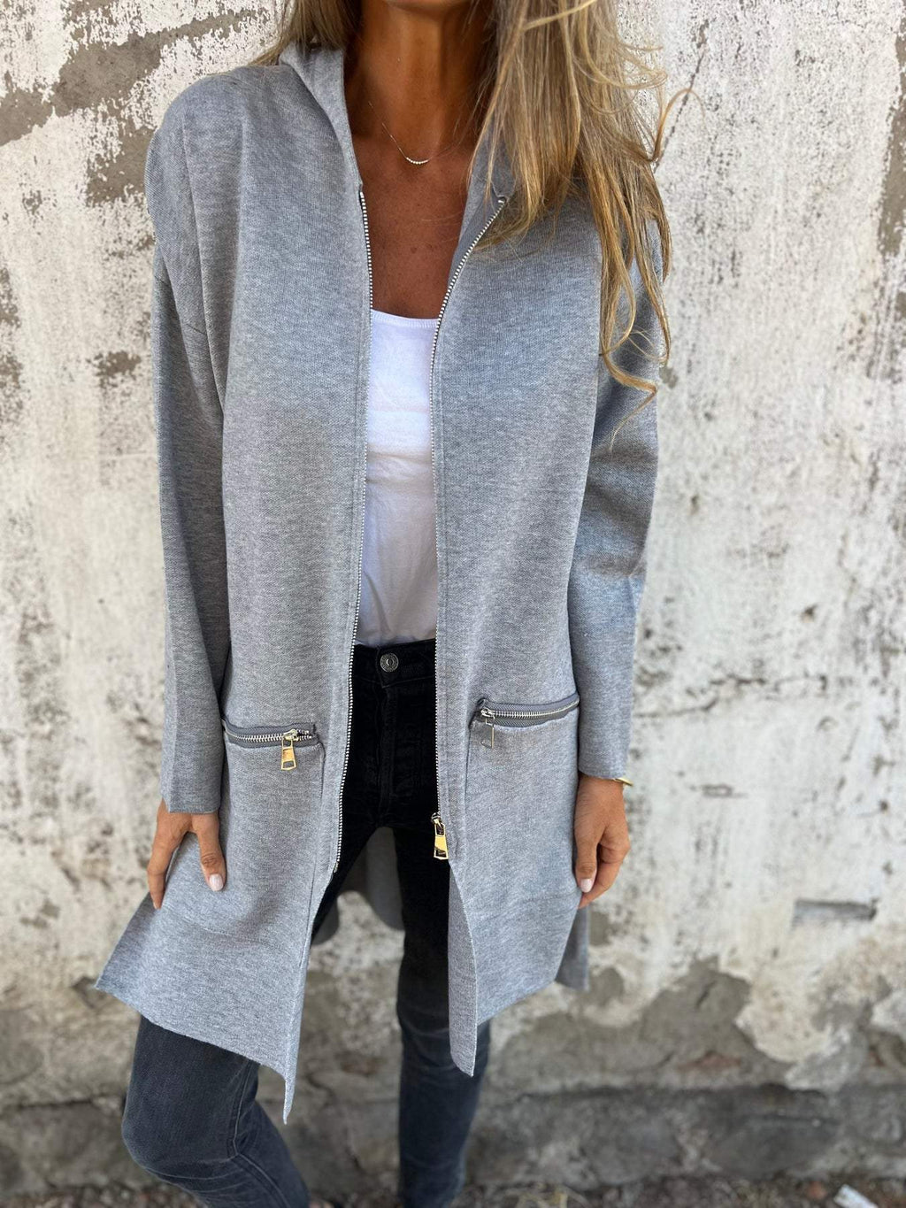 Hooded Jacket Women's Longline Cut with Zipper Pockets - Image 4