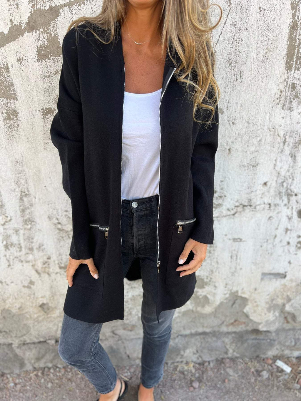 Hooded Jacket Women's Longline Cut with Zipper Pockets - Image 3