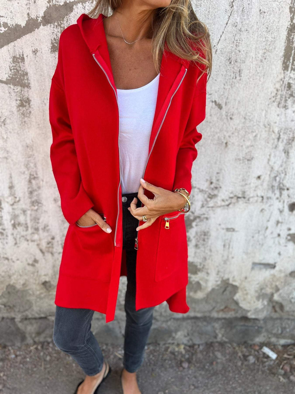 Hooded Jacket Women's Longline Cut with Zipper Pockets - Image 1